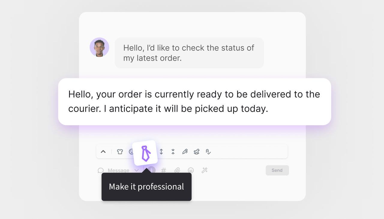 AI drafting a reply to a customer's order-status question and offering tone options like Make it professional in HelpDesk.com