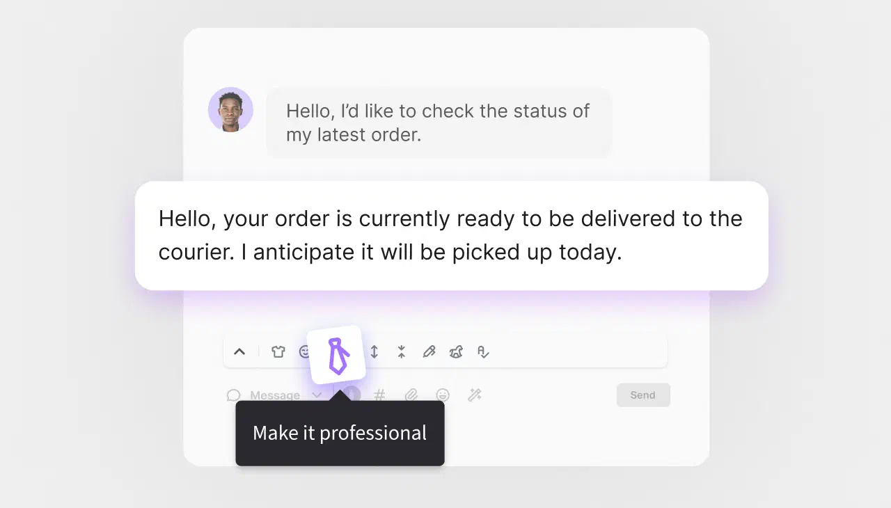 AI drafting a reply to a customer's order-status question and offering tone options like Make it professional in HelpDesk.com