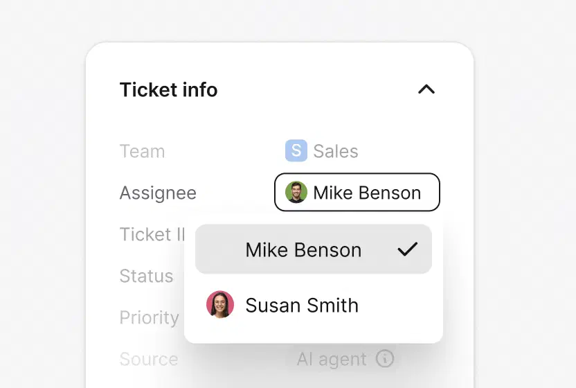 Assignee dropdown routing an email ticket to a teammate in HelpDesk.com