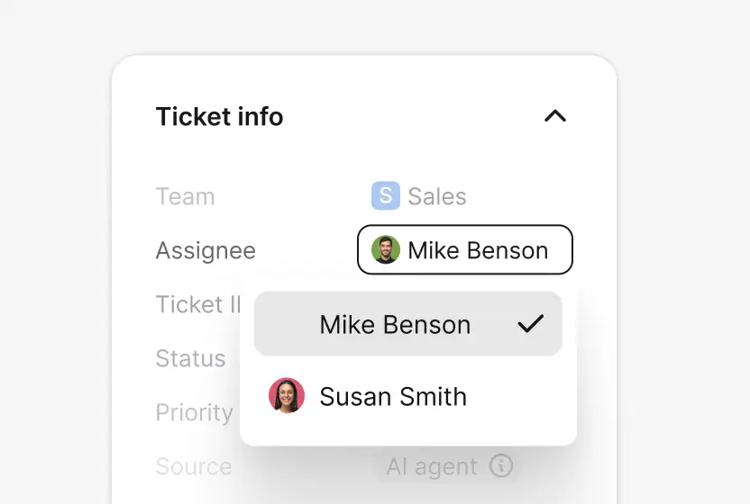 Assignee dropdown routing an email ticket to a teammate in HelpDesk.com