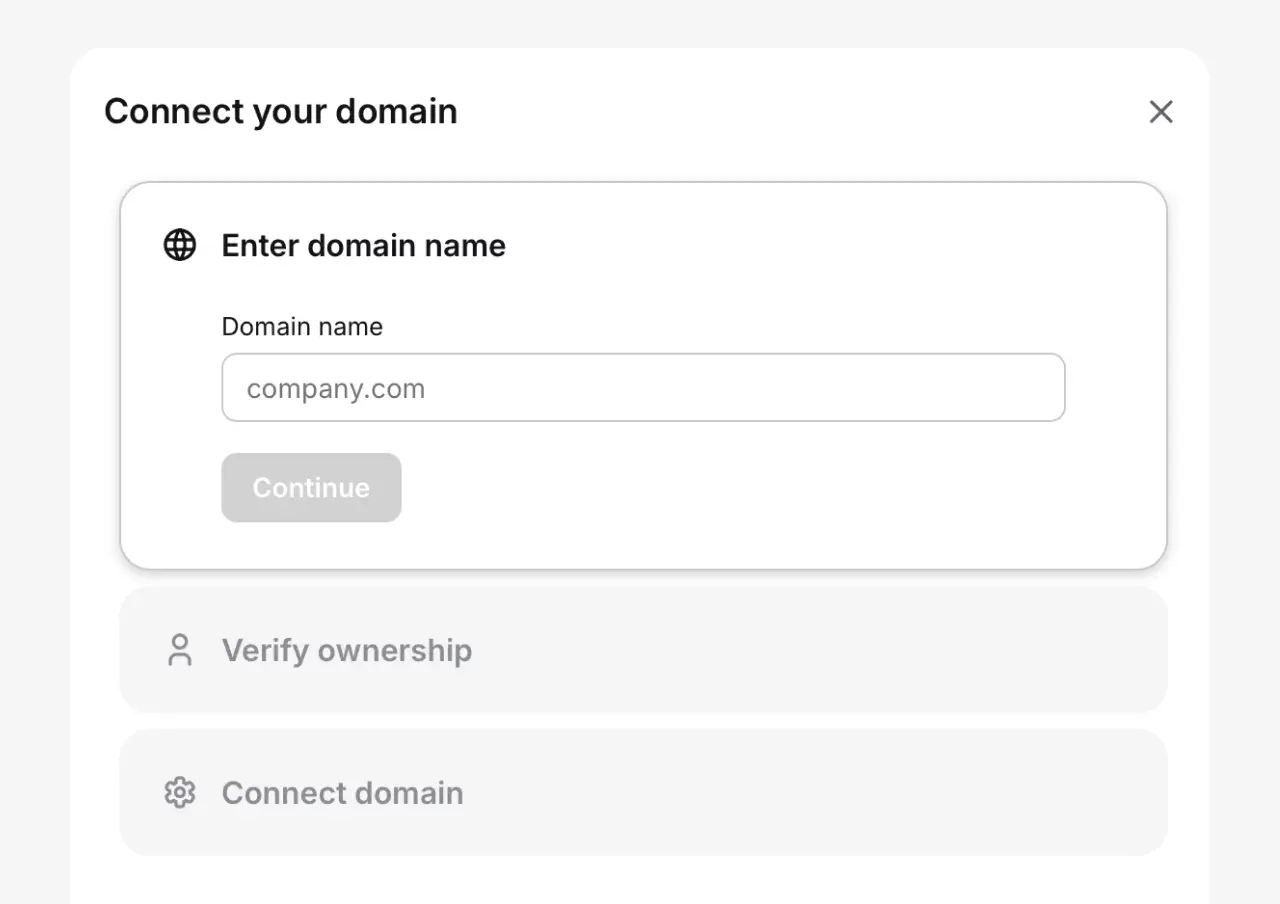 Connect your domain dialog with a domain name field and verification steps in HelpDesk.com