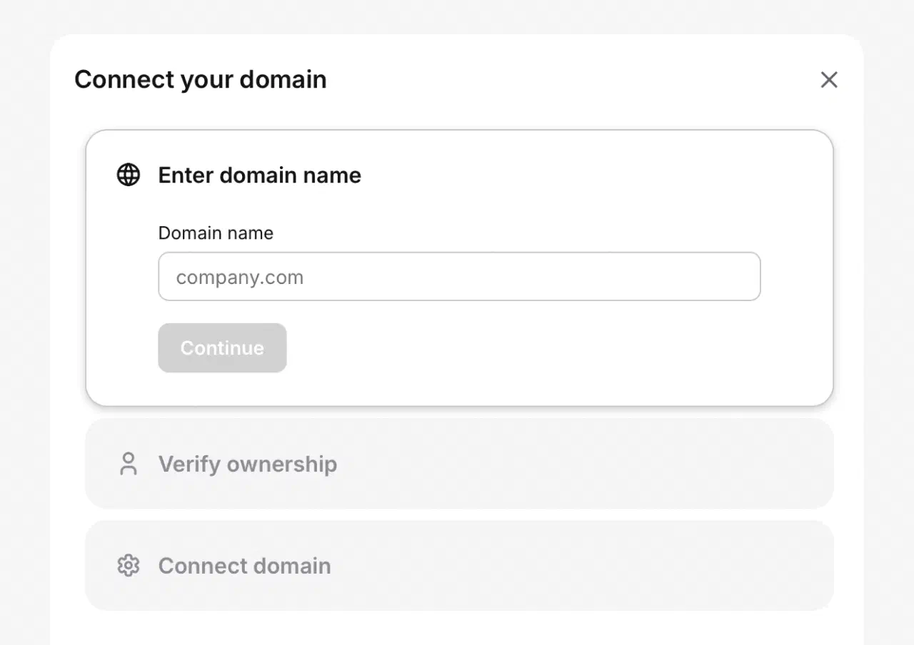 Connect your domain dialog with a domain name field and verification steps in HelpDesk.com