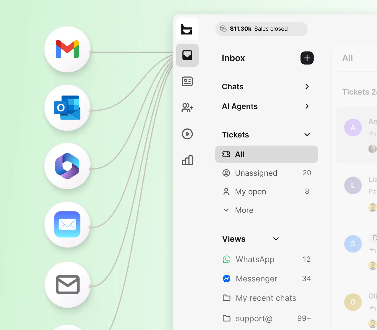 Gmail, Outlook, and other mailboxes routed into the HelpDesk.com inbox, with tickets and views