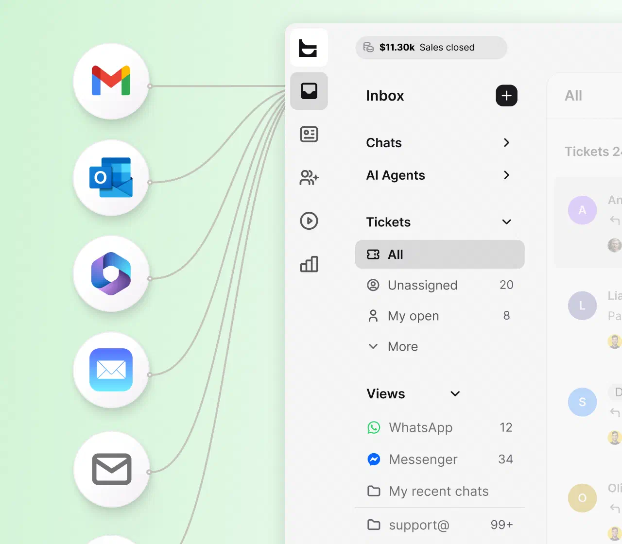 Gmail, Outlook, and other mailboxes routed into the HelpDesk.com inbox, with tickets and views