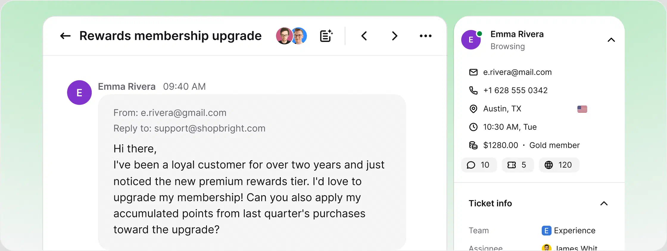 Email converted into a ticket with tags, priority, and full conversation history in HelpDesk.com