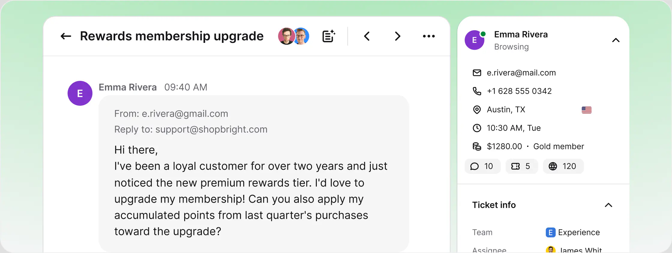 Email converted into a ticket with tags, priority, and full conversation history in HelpDesk.com