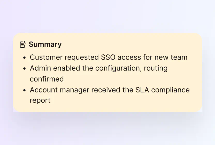 AI ticket summary listing the core issue and next step in HelpDesk.com