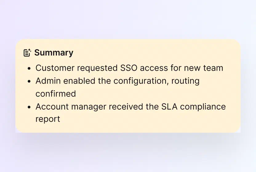 AI ticket summary listing the core issue and next step in HelpDesk.com