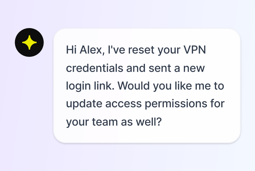AI Agent resetting VPN credentials and offering to update team access permissions in chat in HelpDesk.com