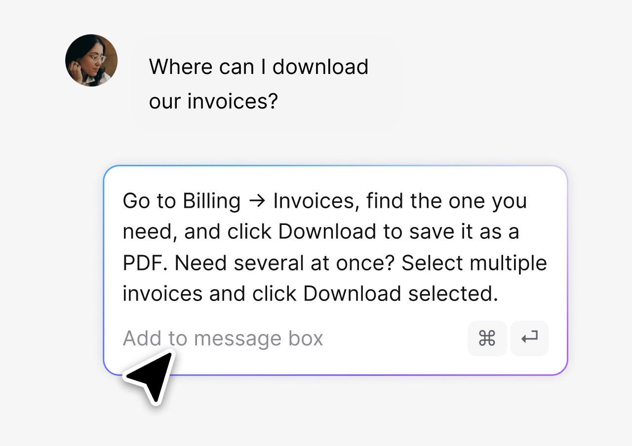 Saved reply explaining how to download invoices inserted into a ticket in HelpDesk.com