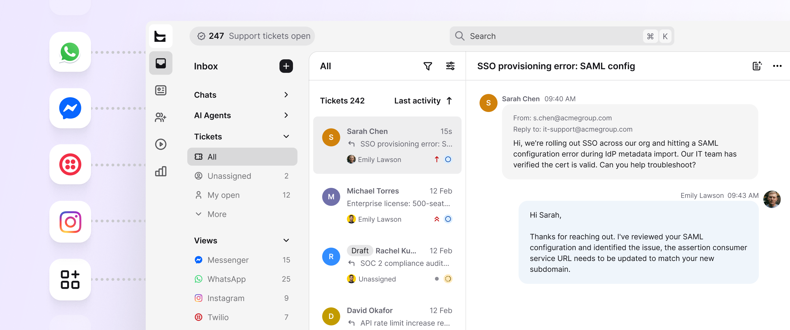 Unified enterprise help desk inbox in HelpDesk.com with tickets from email, chat, Messenger, WhatsApp, and SMS