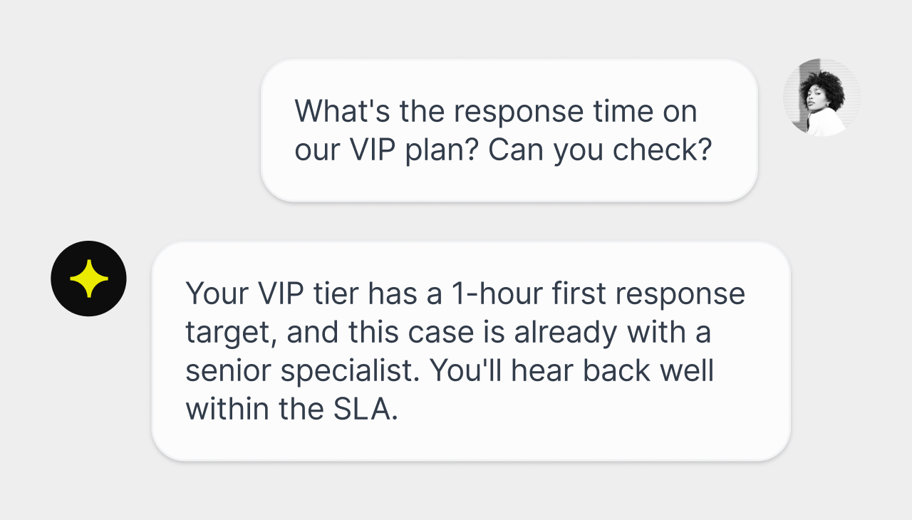 AI reply confirming a VIP ticket is on track against its one-hour SLA target in HelpDesk.com