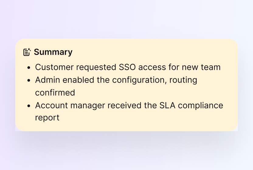 AI ticket summary listing the core issue and next steps in HelpDesk.com
