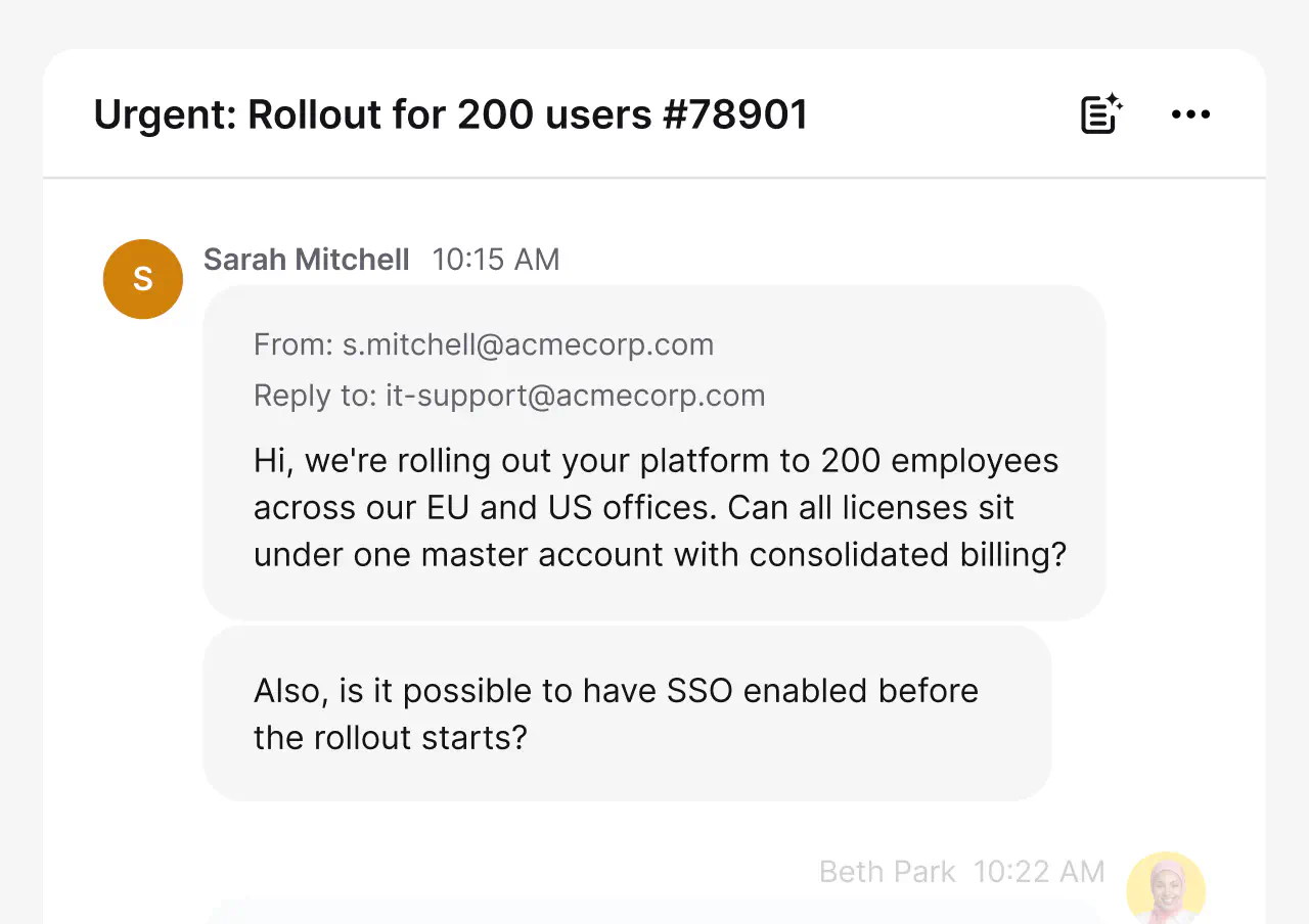 Support ticket with a full email thread and agent reply in HelpDesk.com