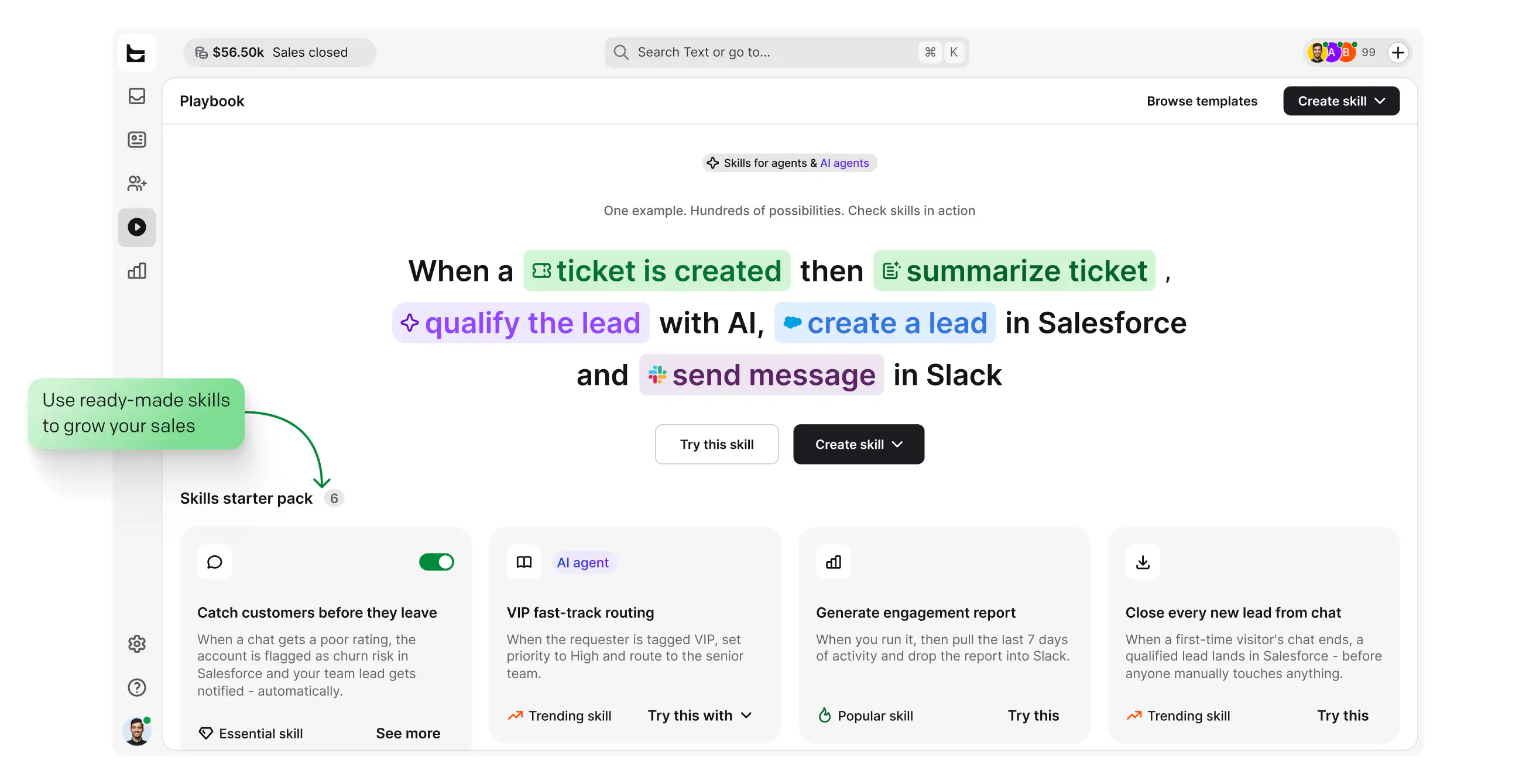 Automate — Playbook workflow turning a new ticket into a summary, a Salesforce lead, and a Slack message