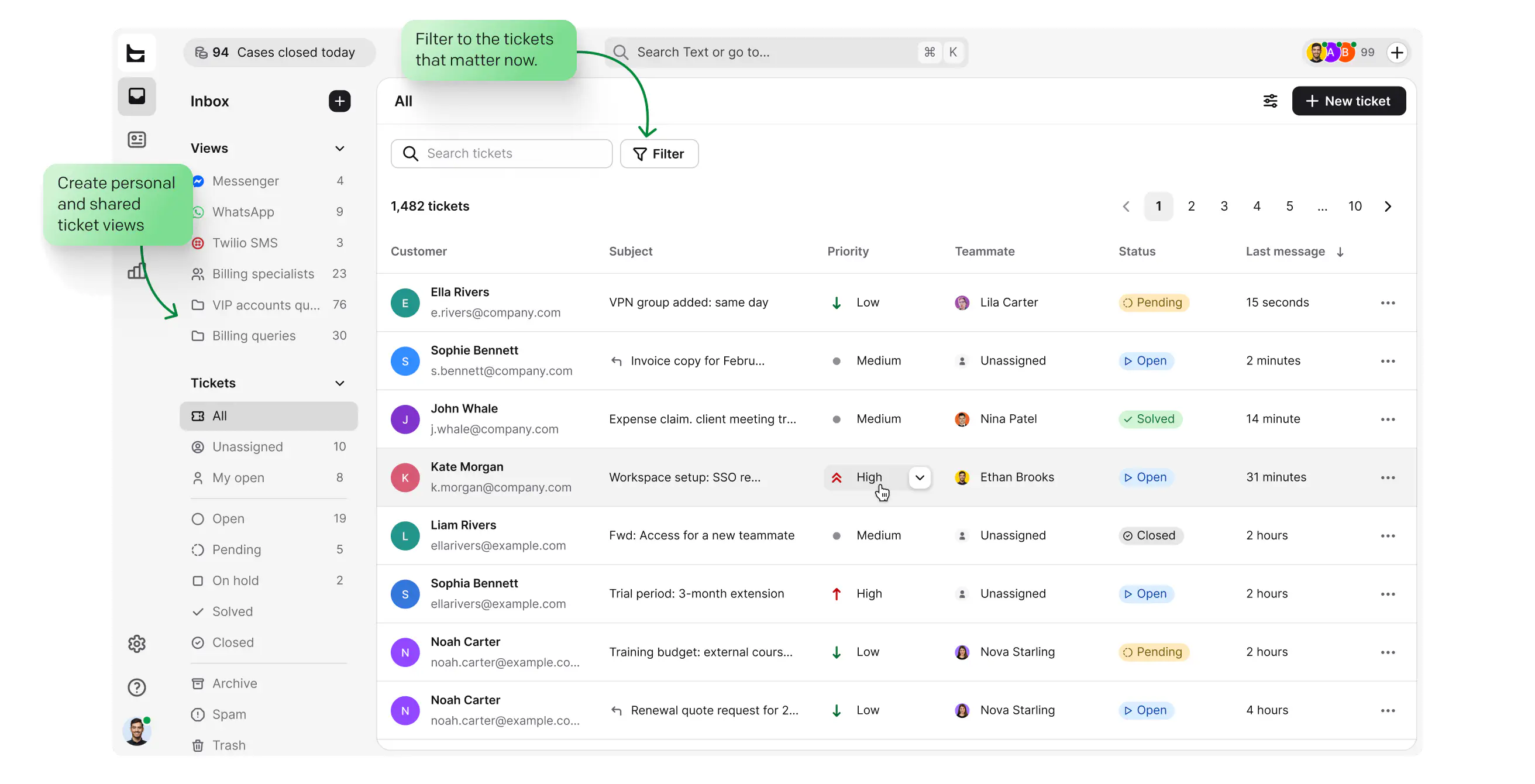 Capture — enterprise help desk ticket inbox with cases filtered into custom views