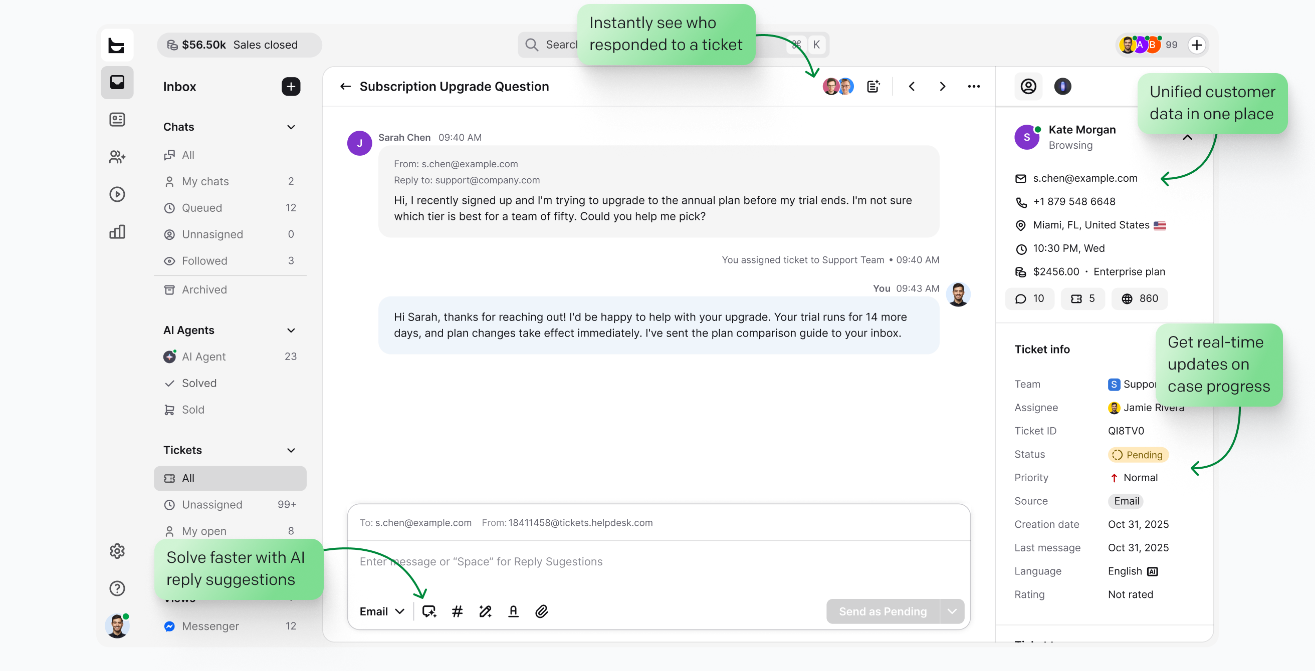 Solve — support ticket with AI reply suggestions and unified customer data in HelpDesk.com