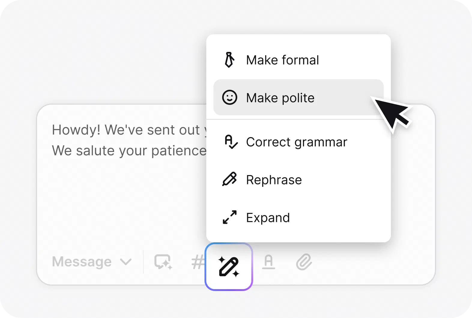 AI text enhancements polishing a ticket reply in HelpDesk.com