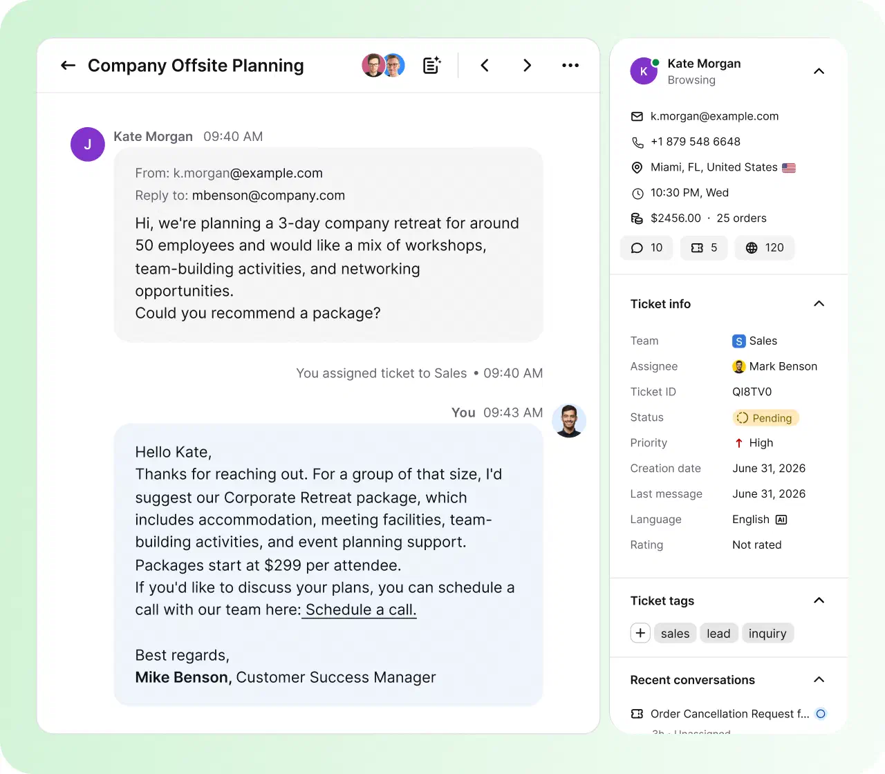 HelpDesk.com ticket view with a resolved customer conversation, ticket details, and tags