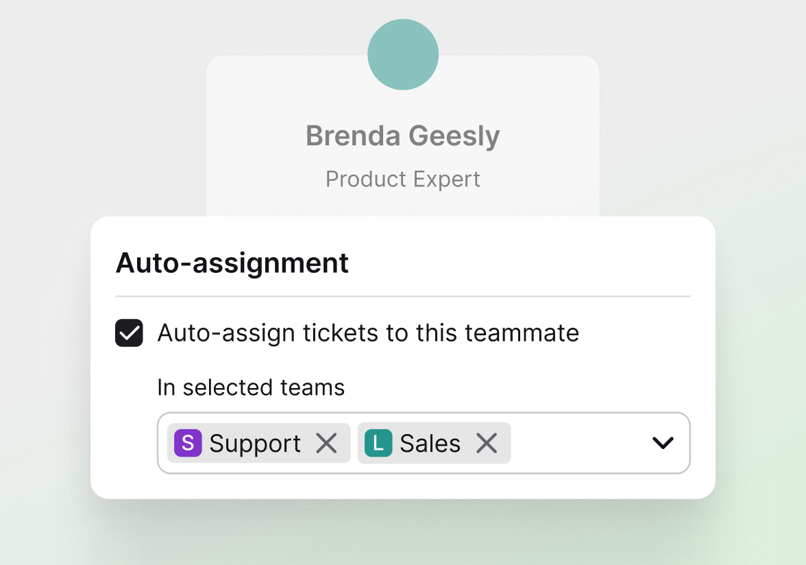 Auto-assignment settings assigning tickets to a teammate in selected teams in HelpDesk.com