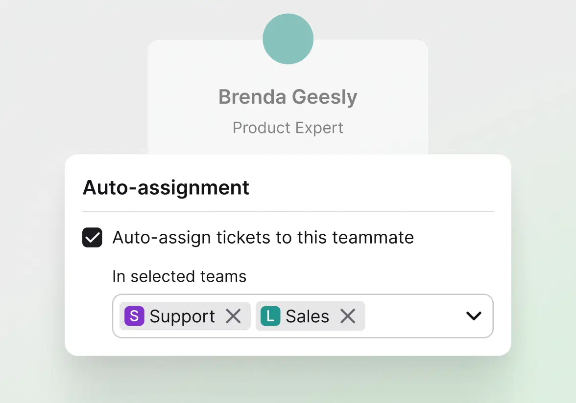 Auto-assignment settings assigning tickets to a teammate in selected teams in HelpDesk.com