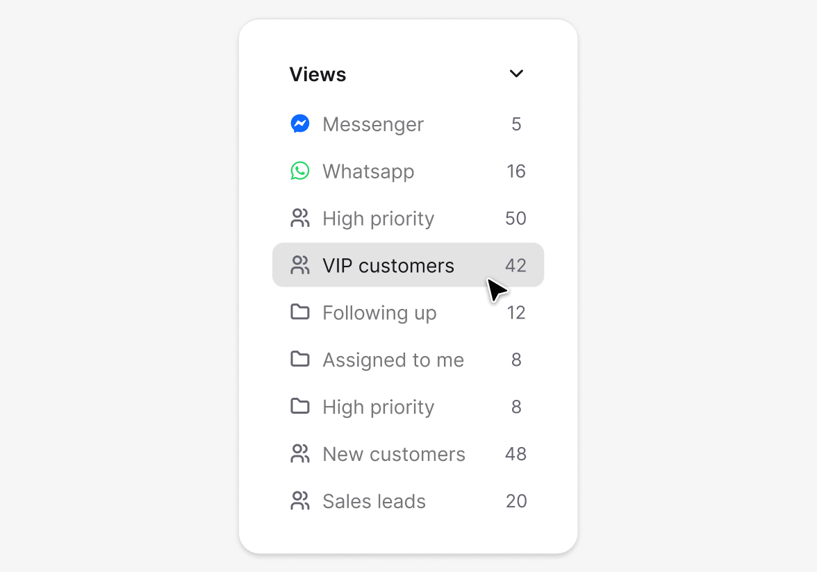 Custom ticket views list with channels, priorities, and saved filters in HelpDesk.com