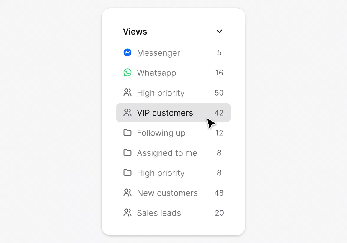 Custom ticket views list with channels, priorities, and saved filters in HelpDesk.com
