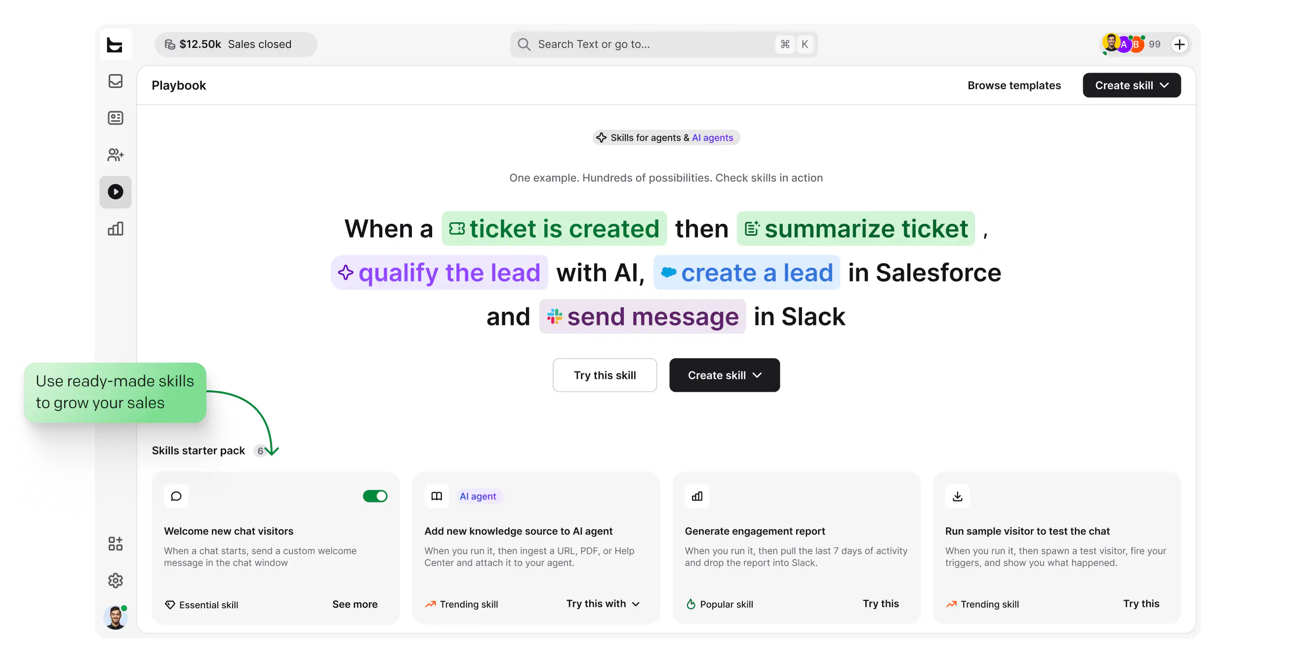 Skill builder in HelpDesk turning a new ticket into an AI summary, a Salesforce lead, and a Slack message