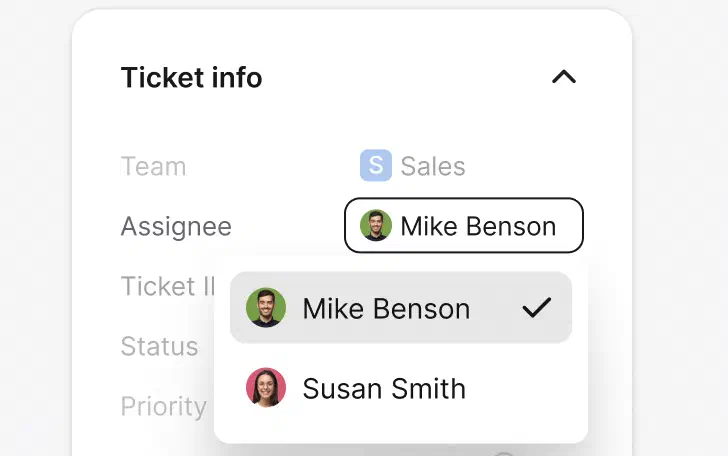 Assignee picker routing a ticket to a teammate in HelpDesk.com