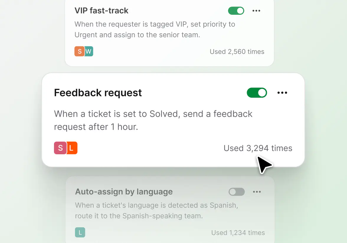 Automation rules like VIP fast-track and feedback request with usage counts in HelpDesk