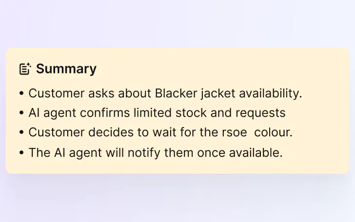 AI ticket summary listing the core issue and next steps