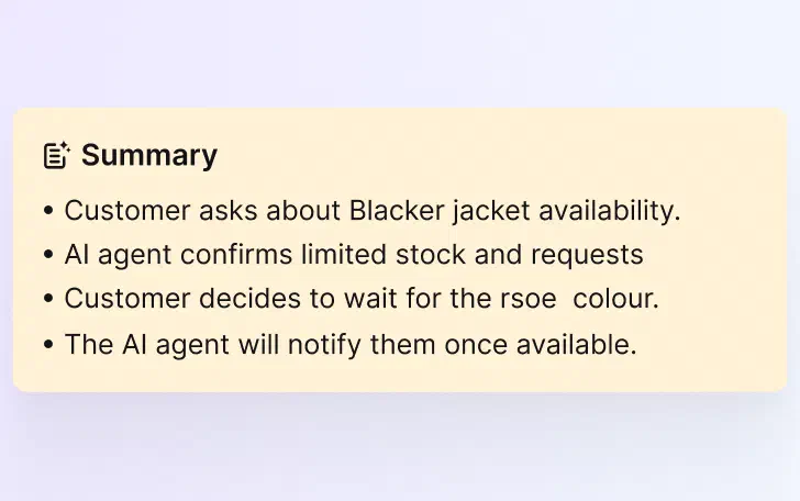 AI ticket summary listing the core issue and next steps