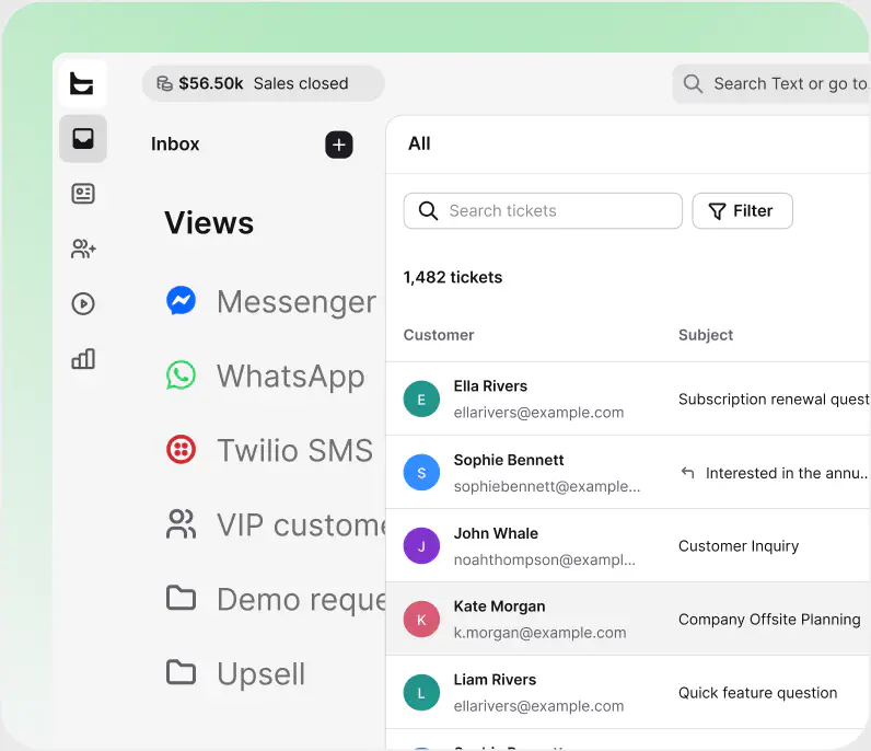 Ticket list in HelpDesk.com small business help desk software with priorities, teammates, and statuses
