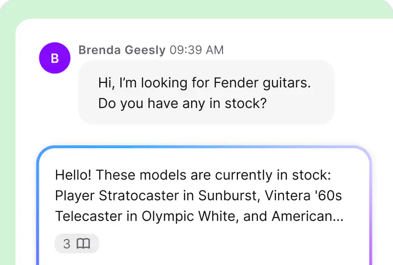 AI reply suggestion drafted from the knowledge base in HelpDesk.com