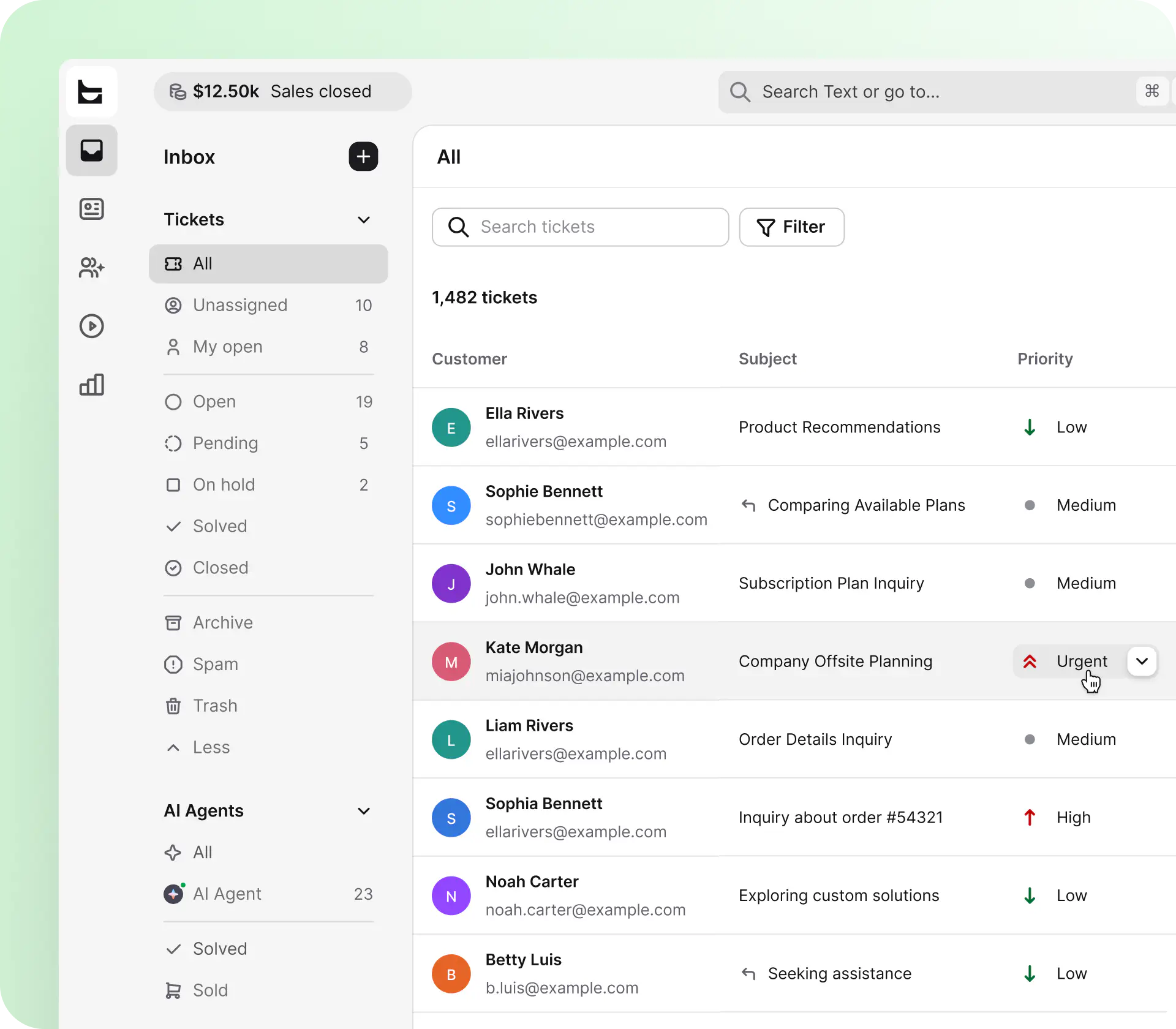 HelpDesk.com ticket inbox for a small business with AI-assisted replies, priorities, and multichannel views