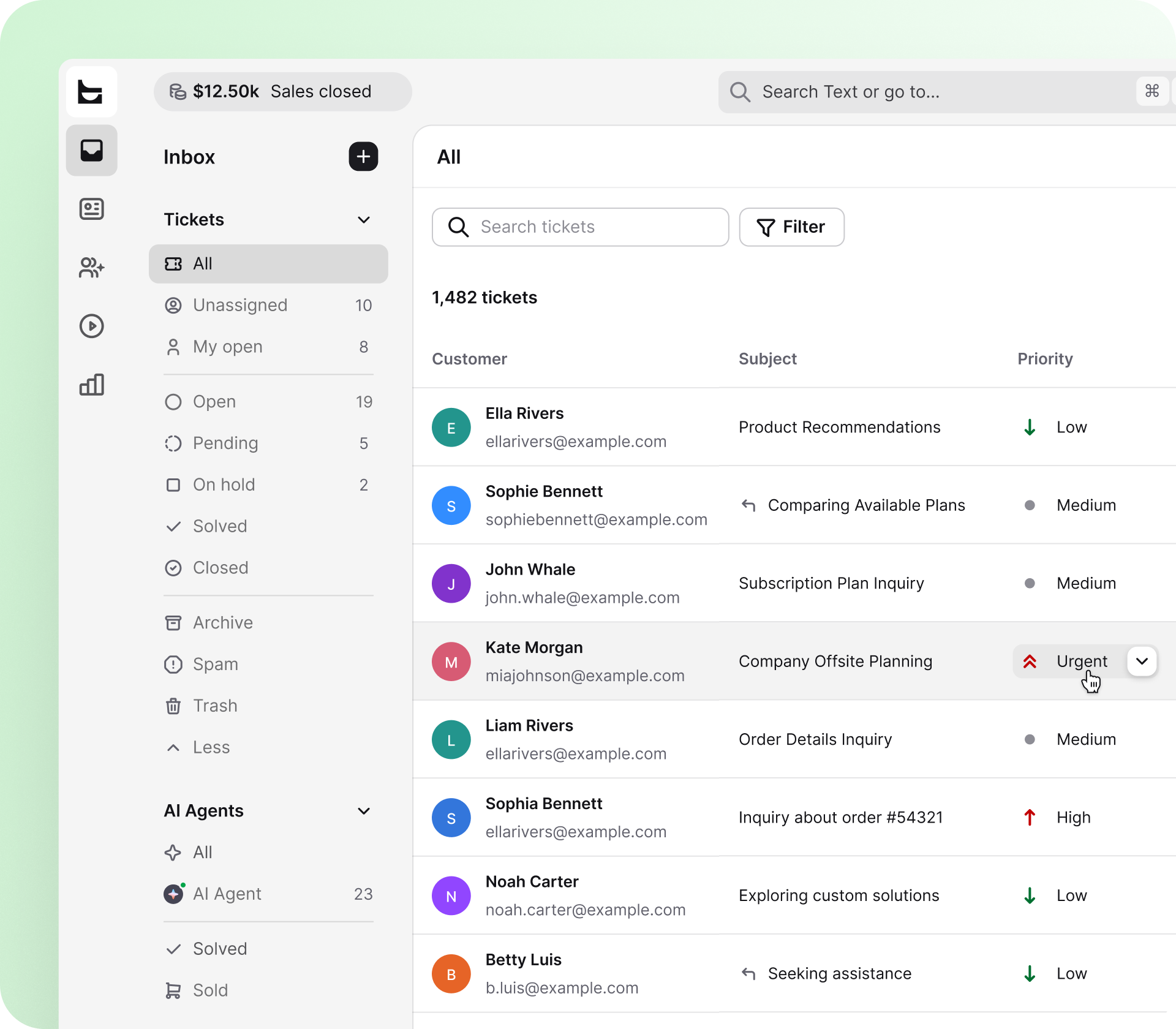 HelpDesk ticket inbox showing AI-assisted support with 1,482 tickets, priority filtering, and multichannel views