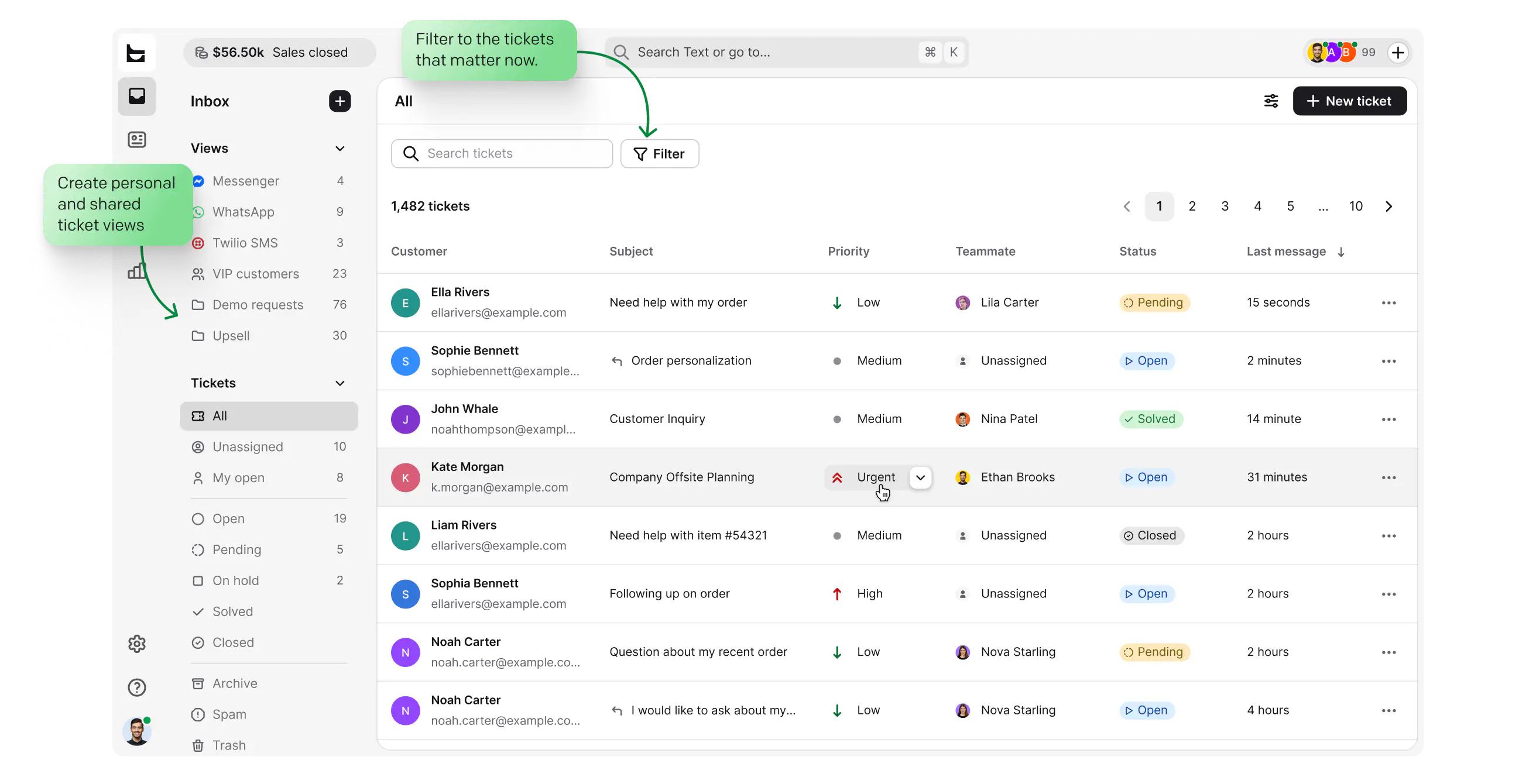 Capture — ticket inbox showing all incoming support requests with filtering and views in HelpDesk