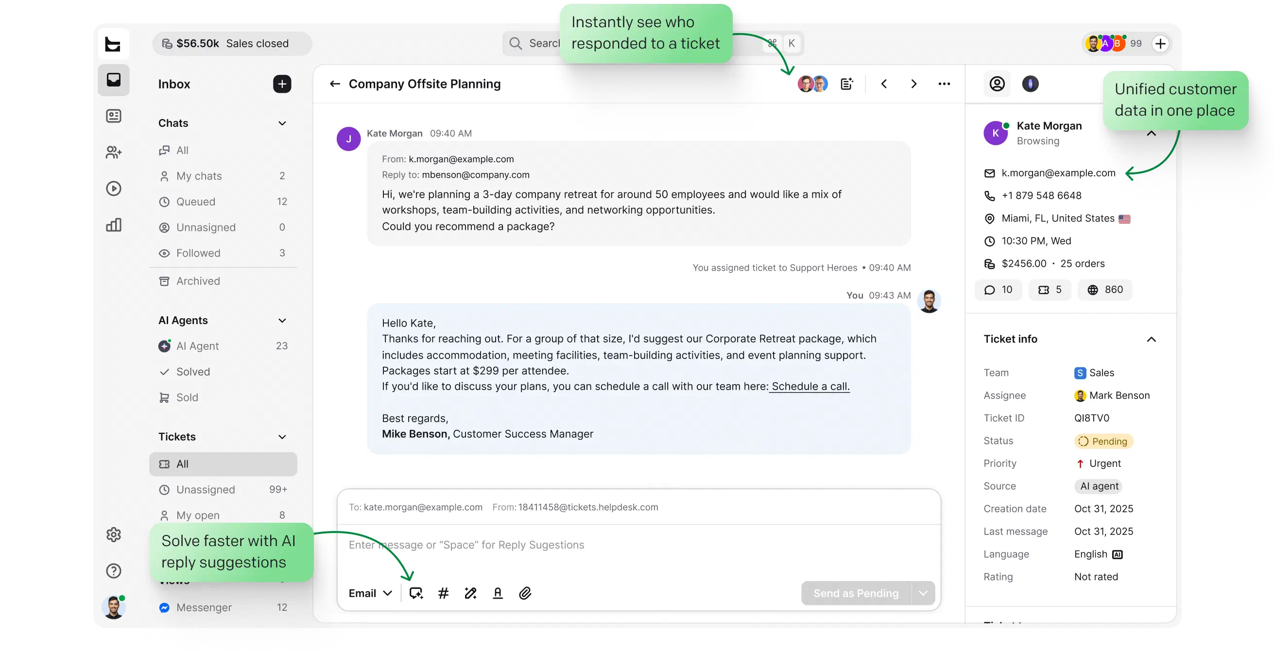 Solve — single ticket conversation view with AI reply suggestions and unified customer data