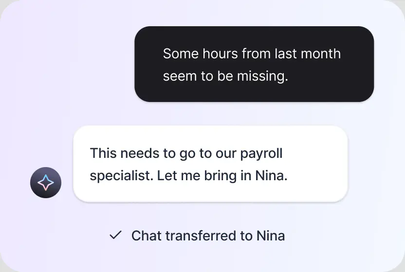 AI Agent transferring a payroll chat to a specialist with full context