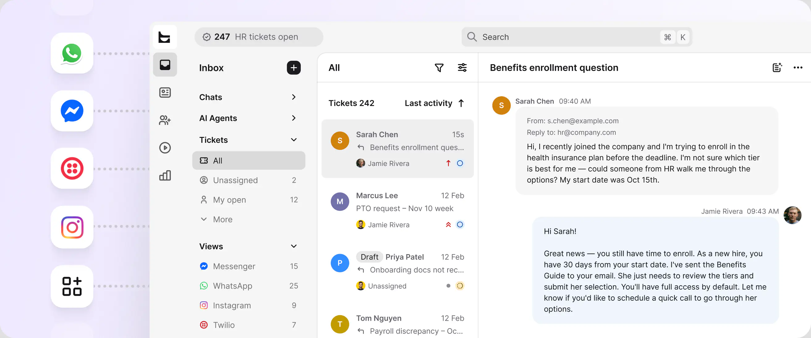 HR tickets from WhatsApp, Messenger, Twilio SMS, and Instagram collected in one HelpDesk.com inbox with a benefits enrollment conversation open