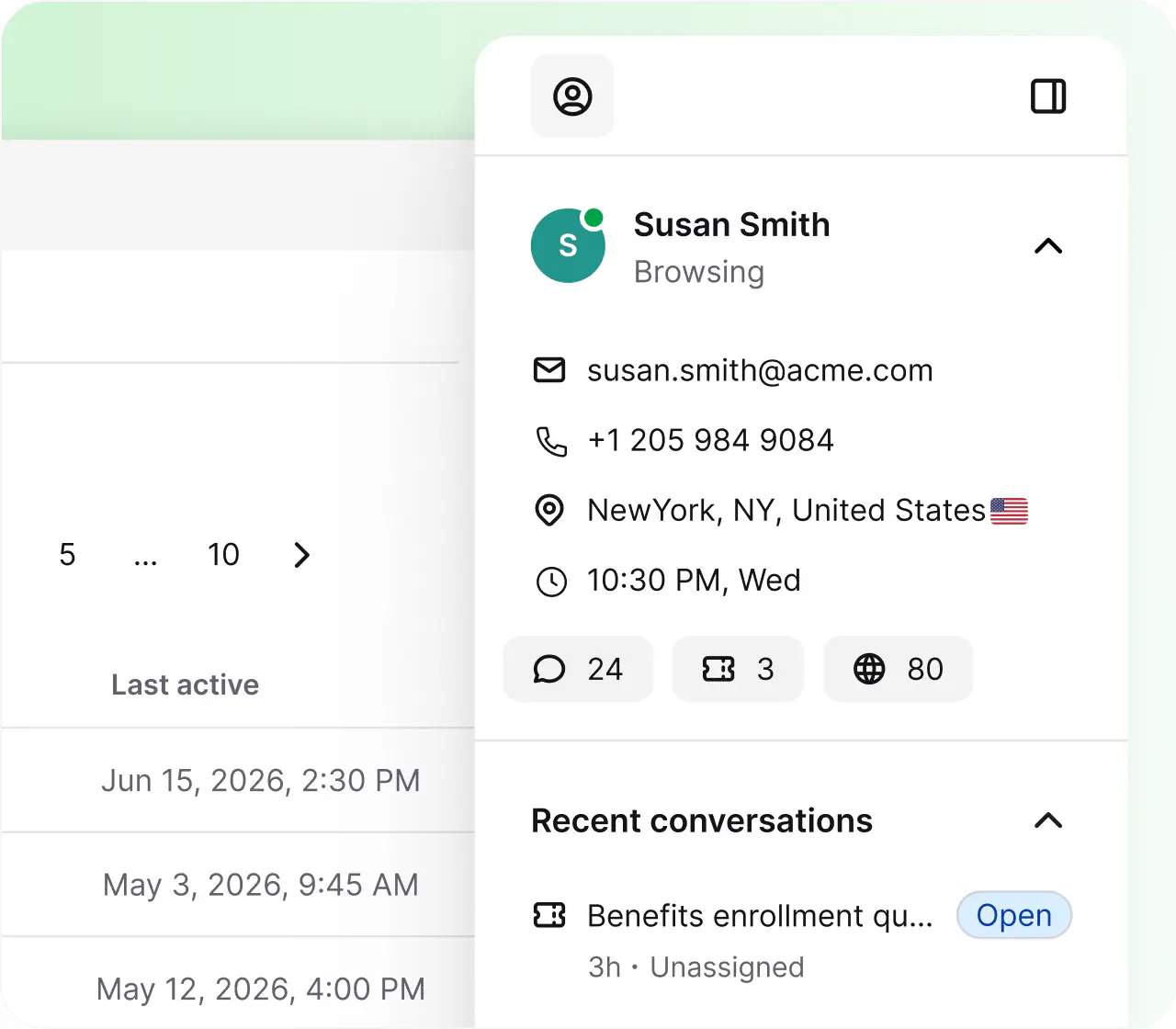 Employee profile in HelpDesk.com showing contact details, activity, and a recent benefits enrollment conversation