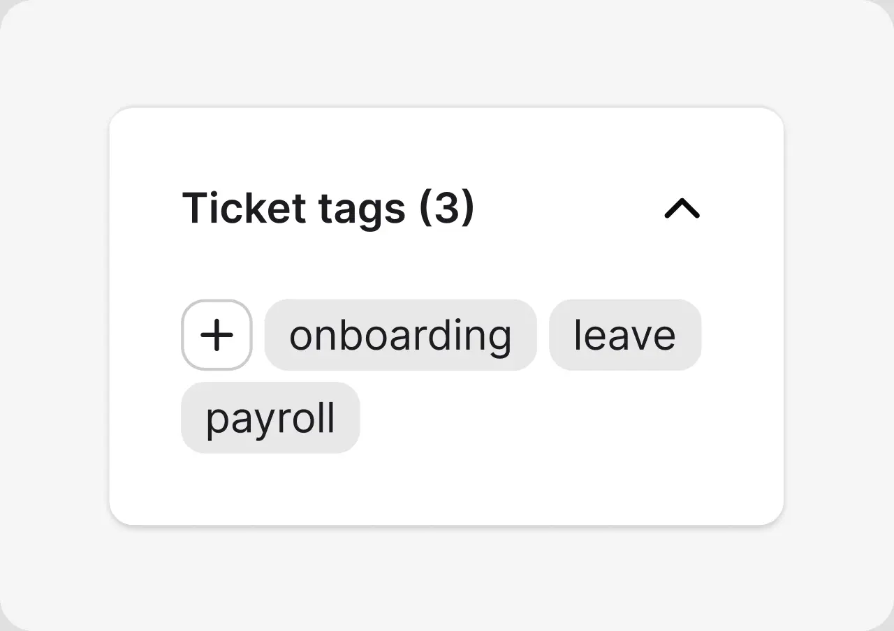 Ticket tags panel with onboarding, leave, and payroll tags on an HR ticket