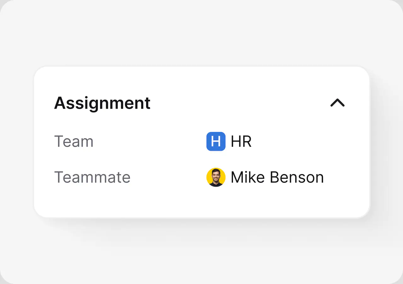 Assignment panel routing an HR ticket to the HR team and teammate Mike Benson