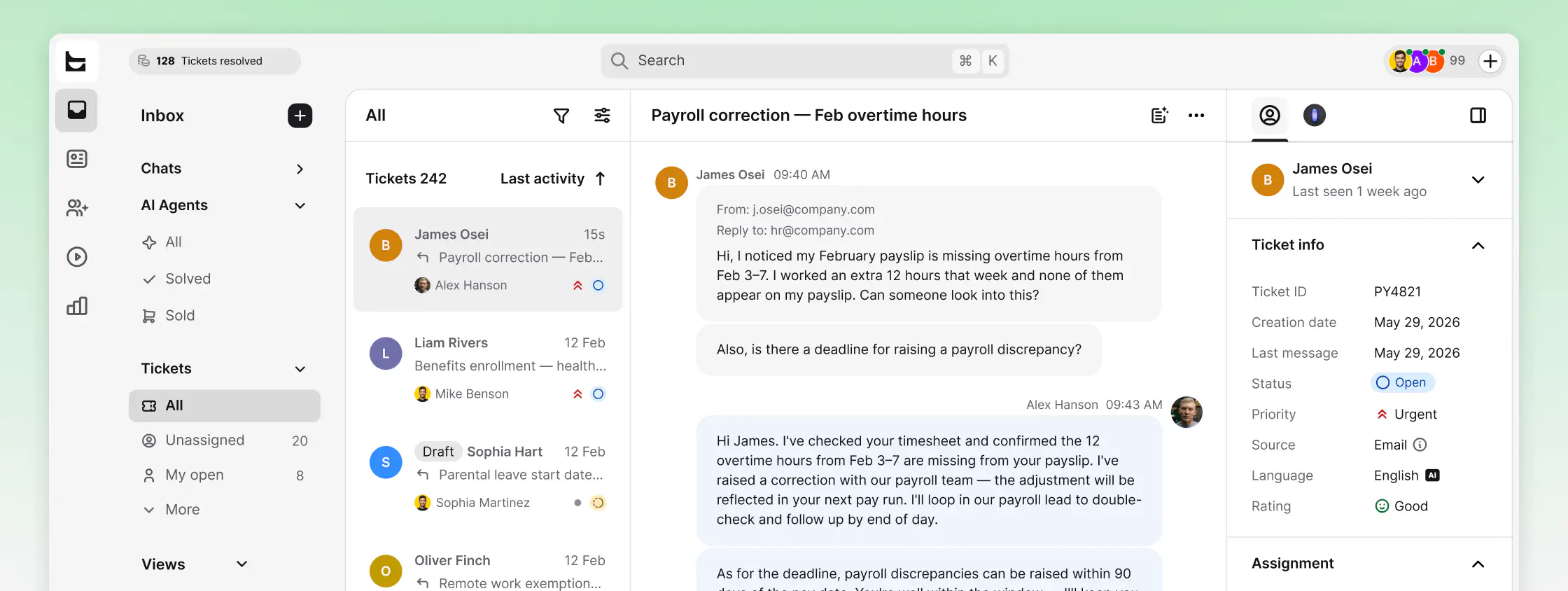 Payroll correction ticket conversation with routing, tags, and SLA details in HelpDesk.com