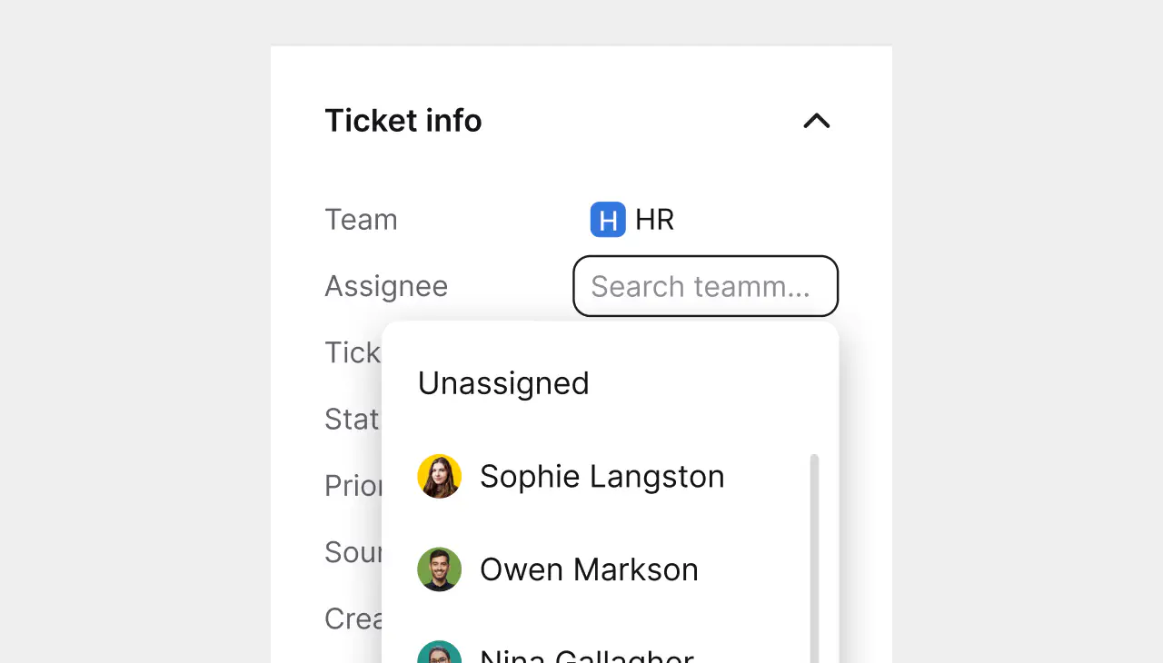 Ticket info panel assigning an HR onboarding ticket to a teammate