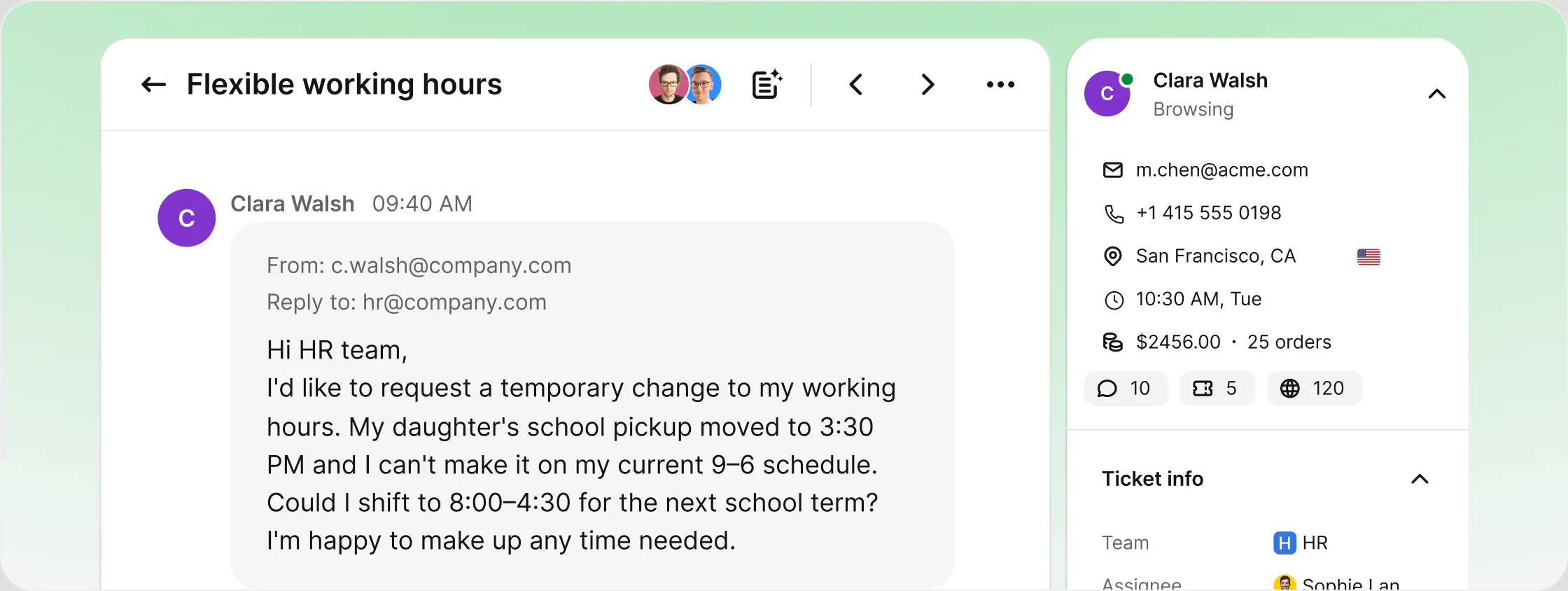 Flexible working hours request handled as an HR ticket with full employee context