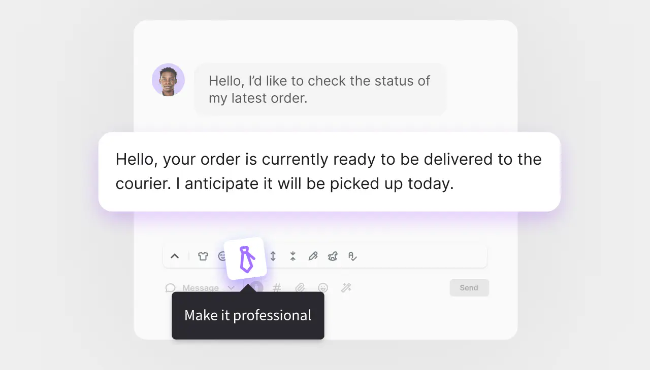 AI drafting a reply to a tenant's question and offering tone options like Make it professional in HelpDesk.com
