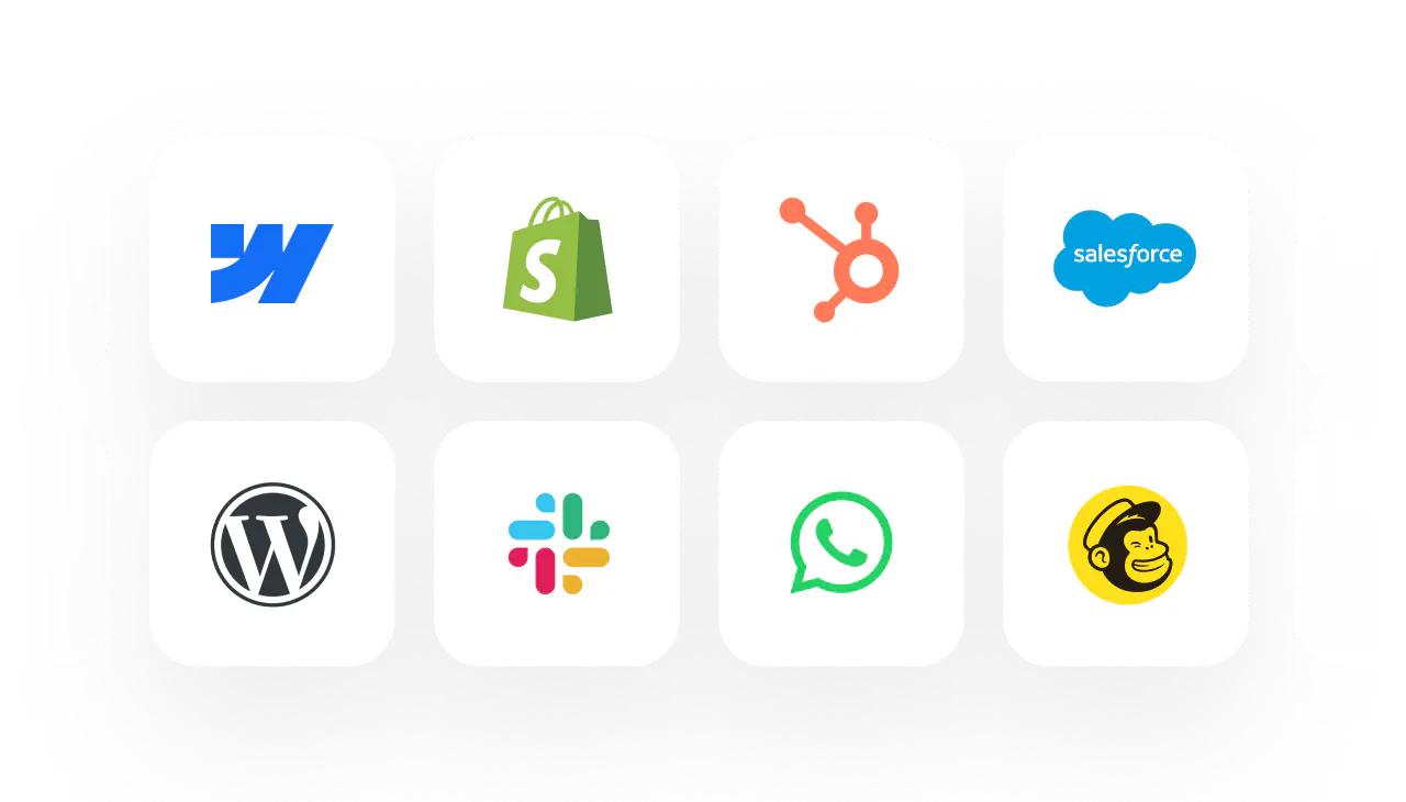 Workflows — HelpDesk.com Playbook connecting to Webflow, Shopify, HubSpot, Salesforce, WordPress, Slack, WhatsApp and Mailchimp