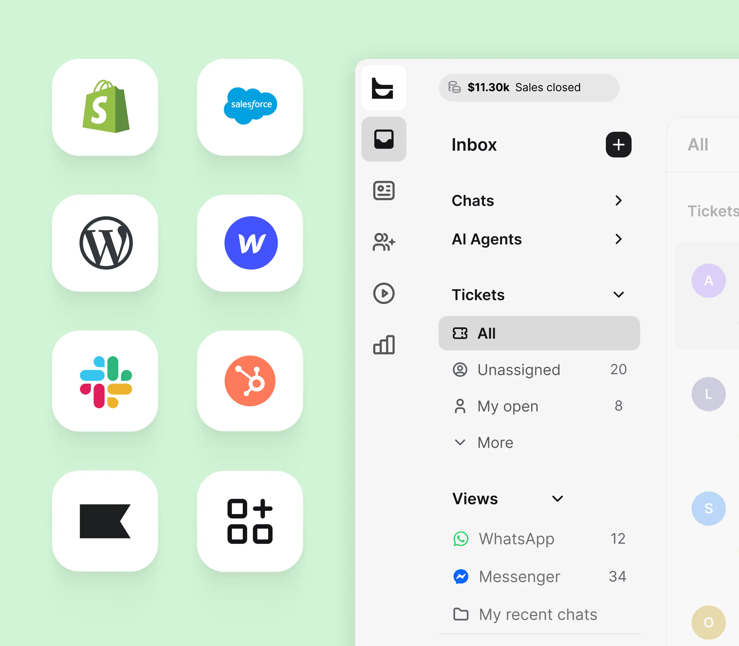 HelpDesk.com inbox connected with Shopify, Salesforce, WordPress, Webflow, Slack, HubSpot, Klaviyo, and Workflows