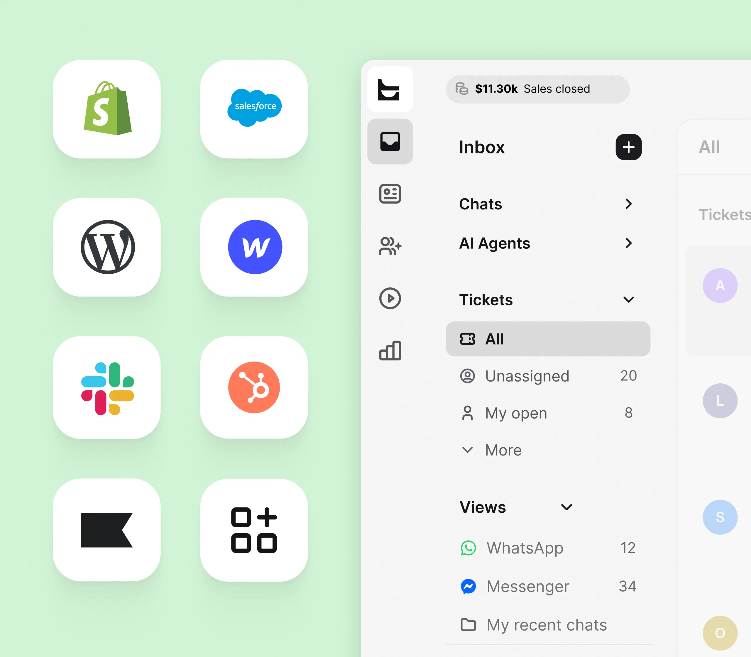 HelpDesk.com inbox connected with Shopify, Salesforce, WordPress, Webflow, Slack, HubSpot, Klaviyo, and Workflows